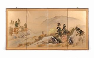 Japanese painted silk four-panel screen