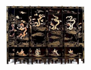 Chinese nine-panel lacquer and hardstone screen