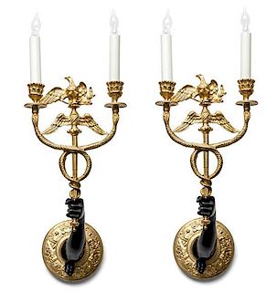 A Pair of French Gilt and Patinated Bronze Two-Light Sconces Height 18 inches.