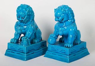 Pair of Chinese Export blue celadon foo dogs