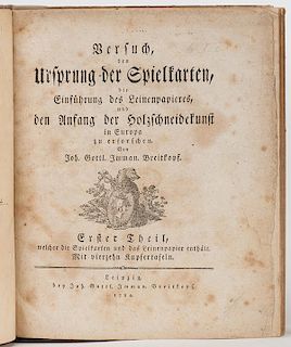 Breitkopf, [Johann Gottlob] Imman. Versuch den Ursprung der Spielkarten, die EinfÙhrung des Leinenpapieres, und den Anfang der Holzschneidekunst in E