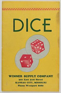 Winner Supply Company. Dice. Kansas City, Mo., ca. 1930s. Stapled pictorial yellow wrappers. 24 pages. 8vo. Illustrated. Capped, distress and loaded d