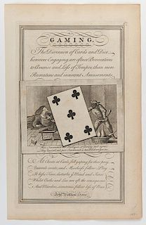 Bickham, John. Page from The Universal Penman on Gaming. Circa 1740. An engraving on laid paper that warns against the vice of gaming in calligraphic 