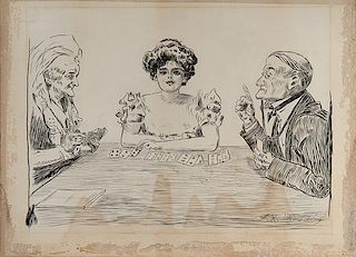 Bradley, F. X. Original Pen and Ink Drawing of ñGibson Girlî Playing Cards. Circa 1902. Original ink artwork after Charles Dana Gibson, depicting a 