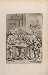Dice Game Print. Germany, ca. 1600. Copper engraving on laid paper, depicting a game of dice being played by seven men and a child looking on. 15 x 9 