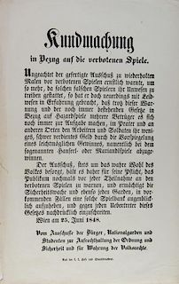 German Gaming Law Proclamation on Forbidden Games. Germany, 1848. 11 x 17 _ñ. One edge lightly chipped not affecting text, very good. Accompanied by 