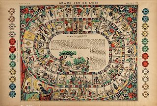 Goose! Board Game. Holland, 1713.. Hand-colored, printed primarily in Dutch, with a depiction of a dice game (or perhaps ñGoose!î being played) in t