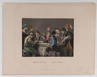 Group of Seven Prints of Soldiers Gambling. Various printers and dates (ca. 1820-1860). Includes three hand-colored prints and two matted prints, all 