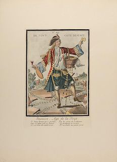Guerard, N. Jeunesse, Age de la Joye. France, ca. 1700. Hand-colored print of a young man with dancing with a glass or wine and a leaking basket of co