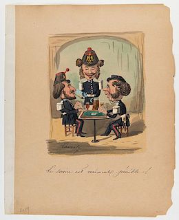 Lavrate, Edmund. Le Service est Vraiment P_nible! France, ca. 1880. Watercolor illustration showing French military officers playing cards and smoking
