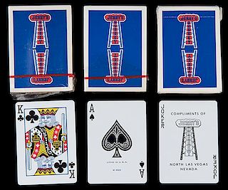 Three Blue Original JerryÍs Nugget Casino Playing Card Decks. North Las Vegas, ca. 1970. Including two decks mint sealed and one deck near mint in th