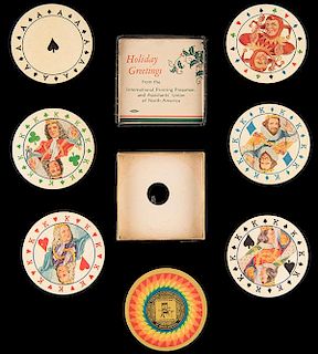 International Playing Card Co. of America Holiday Greetings Advertising Deck. Chicago, ca. 1930. 52 + J + OB. A beautiful deck of round cards with art