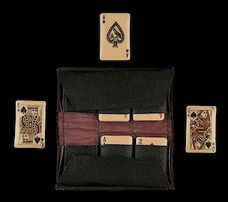 Miniature Pack of Celluloid Playing Cards. Circa 1920. Highly unusual celluloid deck. 52 + Leather Pouch (1 3/8î x _î). Few cards with paint loss bu