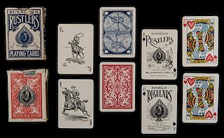 Two Willis W. Russell Decks of Playing Cards. Including RussellÍs Rustlers (Milltown, NJ, ca. 1906). 52 + J + OB, featuring ñlong distanceî pips (h