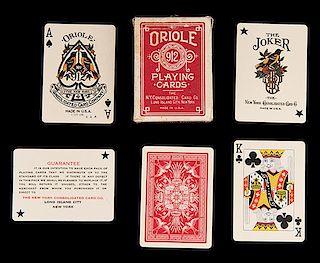 NYCC Oriole 912 Playing Cards. New York Consolidated Card Co., ca. 1915. 52 + J + EC + OB. Multi colored ace of spades and joker with the birds and fo