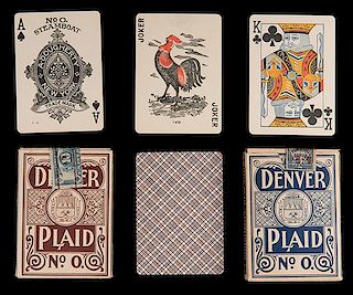 Two Decks of Andrew Dougherty Denver Plaid No. 0 Steamboat Playing Cards. New York, ca. 1900. 52 +J +OB (maroon and blue). Colorful rooster joker. One