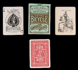Russell & Morgan Bicycle 808 Playing Cards With Acorn Back. Cincinnati, ca. 1890. 52 + J + Box (not original). Gold edges and high wheel best bower. J