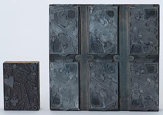 Two PrinterÍs Blocks. Maker unknown, American, ca. 1930. Pair of vintage printing blocks for playing card games. 7 x 7î and 2 _ x 3 _î.