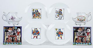 Eight Pieces of Porcelain with Playing Card Depictions. Including two ñLucky Spotî shaving mugs