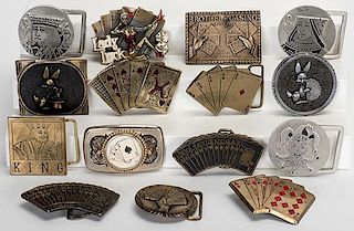 Group of 18 Belt Buckles with Playing Cards, Gambling or Magic Imagery. Mainly brass and pewter. All excellent.