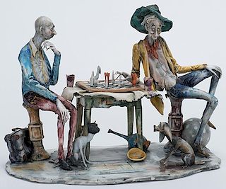H. Colombo Fired Clay Chess Sculpture. Circa 1998. Two men playing chess. Excellent. 10 _ x 9 x 7î.