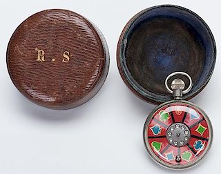 Playing Card Gambling Pocket Watch. Manufacturer unknown, ca. 1910. Twist the stem and the metal wheel spins the ball. Bet on the suit symbol it will 