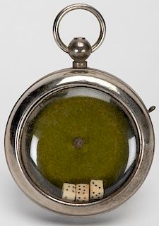Dice Pocket Watch. Manufacturer unknown, ca. 1900. Flick the lever on the side and the three dice spin on a green felt backing. Working. Very good.