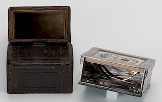 Will & Finck Faro Dealing Box. San Francisco, ca. 1880. Heavy nickel-plated dealing box with side rails and wheeled spring lifters. Well marked on und