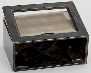 Rydberg & Co. Gaffed Faro Dealing Box. Chicago, ca. 1900. Two card side-squeeze nickel-plated faro dealing box. Gaff is activated as a right-side sque