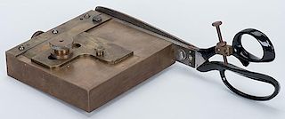 Card Trimmer. George Graham, ca. 1940. Brass scissors card trimmer with nice refinements. Scissors with some light surface rust, otherwise excellent. 