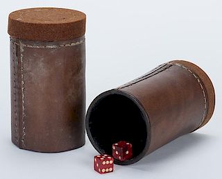 Pair of Leather Butterfly Dice Cups. American, maker unknown, ca. 1900. One cup straight, the other gaffed. A set, seemingly identical in appearance s