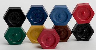 Nine Faro Coppers. American, ca. 1900. Blacks and reds are the most common colors but the blue, green, yellow and brown are difficult to find. Each pl