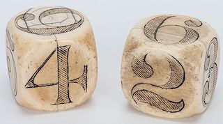 Pair of Large Round Cornered Scrimshawed Ivory Dice. American, maker unknown, ca. 1890. Scarce set of large scrimshawed ivory dice. Age-consistent cra
