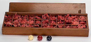 Collection of 33 Round Ten-Sided BankerÍs Dice, Numbered 0 _ 9, in Original Wood Box. Newark