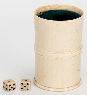 Ivory Dice Cup with Pair of Dice. Nicely turned thick ivory dice cup with green felt lining and pair of ivory dice. 3 1/8î high. Excellent.