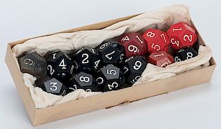 Thirteen Round Ten Sided BankerÍs Dice Numbered 0 to 9. Nine black, three red, one maroon. One of the blacks in poor condition otherwise excellent.