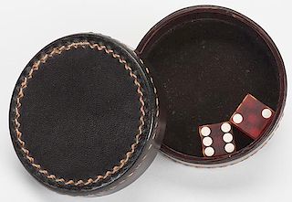 Leather Chinese Dice Box with Dice. American, ca. 1940. Uses fair dice but they can be controlled by the shaker. Excellent.