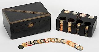 Cased Set of 199 Ivory Poker Chips. American, ca. 1890. Pull-out chip caddy in dark-finished wooden case with brass trim (lacking on one side) with fr