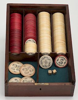 Cased Set of Ivory Poker Chips. American, ca. 1880. Including four numbered 25 (1 _î), 66 numbered 5 (1 _î), 97 with a five border design (1 _î). W