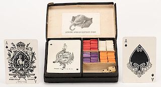 Traveling Set of African Elephant Ivory Gaming Chips With NYCC Deck of Cards. American, ca. 1880. Including 42 red, 39 white, 38 purple, and 41 orange