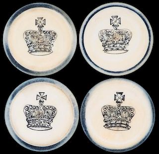 Four Crown Inside Blue Rim Ivory Poker Chips. English (?), ca. 1880. Not listed in Seymour. 1 _î. Excellent.