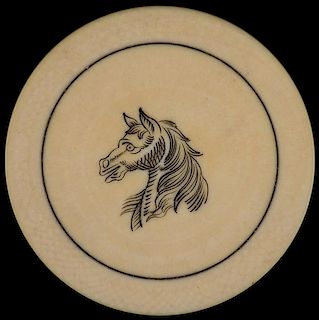 Horse Head Ivory Poker Chip. American, ca. 1890. Finely executed horseÍs head in circle. 1 3/8î diam. Excellent.