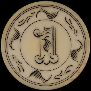 One Dollar Ivory Poker Chip. American, ca. 1890. Unusual to find the denomination on a one-dollar chip as usually there was a design only. 1 _î diam.