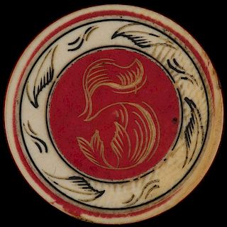 Five Dollar Ivory Poker Chip. American, ca. 1890. Five dollar ivory poker chip with outside rim, edge and middle all tinted red 1 _î diam. Excellent.