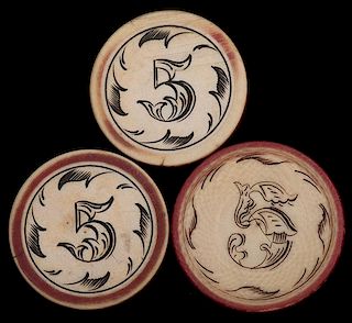 Three Five Dollar Ivory Poker Chips. American, ca. 1890. Red rim and leaf border. 1 5/8î diam. Excellent.