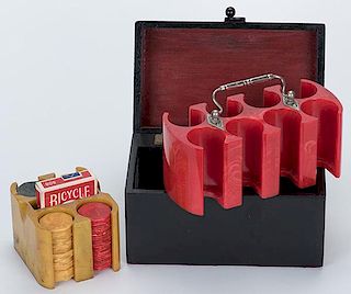 Pair of Bakelite Poker Chip Racks. Manufacturers unknown, ca. 1940s. Including a red Bakelite poker chip rack in dovetailed wood case with two decks o