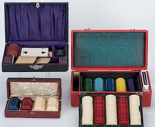 Three Vintage Cased Sets of More than 600 Poker Chips. Including a set of 500 Catalin poker chips in a pebbled red case, comprising