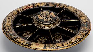 Pope Joan Game. Circa 1890. Lovely hand painted game board that spins around a wooden base, the middle top lifting off with the chips kept in the bowl