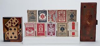 Fifteen Miscellaneous Playing Card Items. Including thirteen decks, a wooden box with two decks, and leather case with four decks. Condition and compl