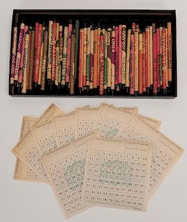 Group of 76 Keno Marking Crayons and Nine Golden Nugget Keno Sheets. From numerous casinos, clubs, and gambling halls including Showboat, Mint, Tropic